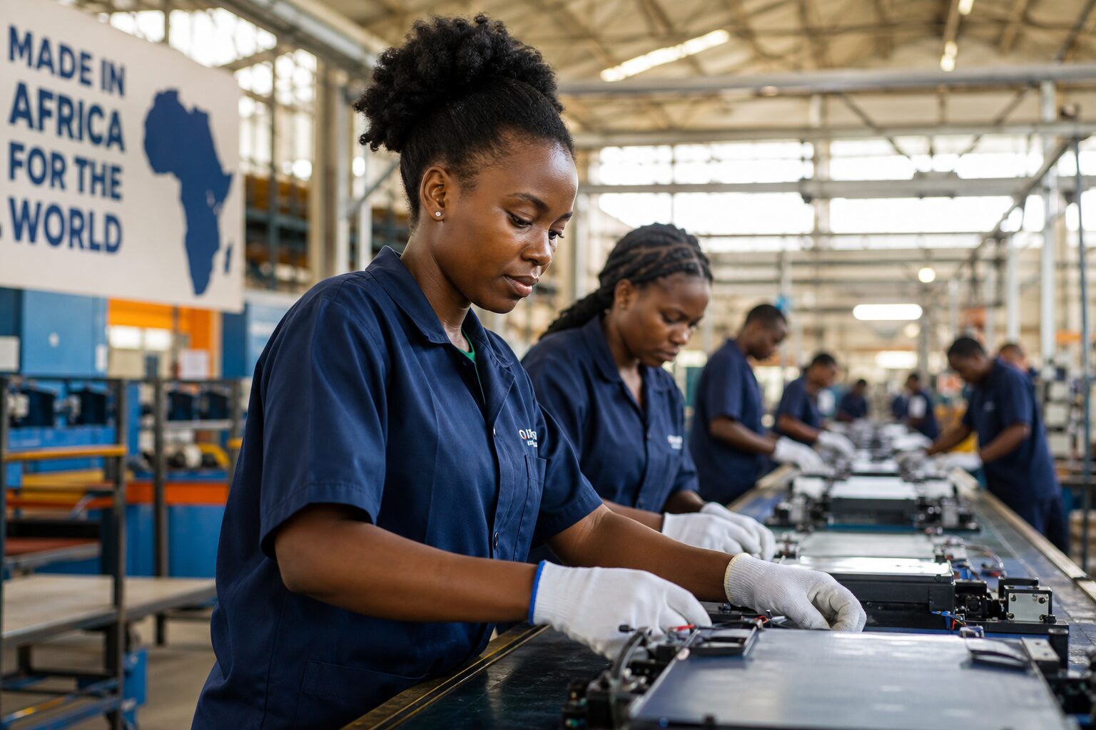 Workers on a modern production line in a bright factory