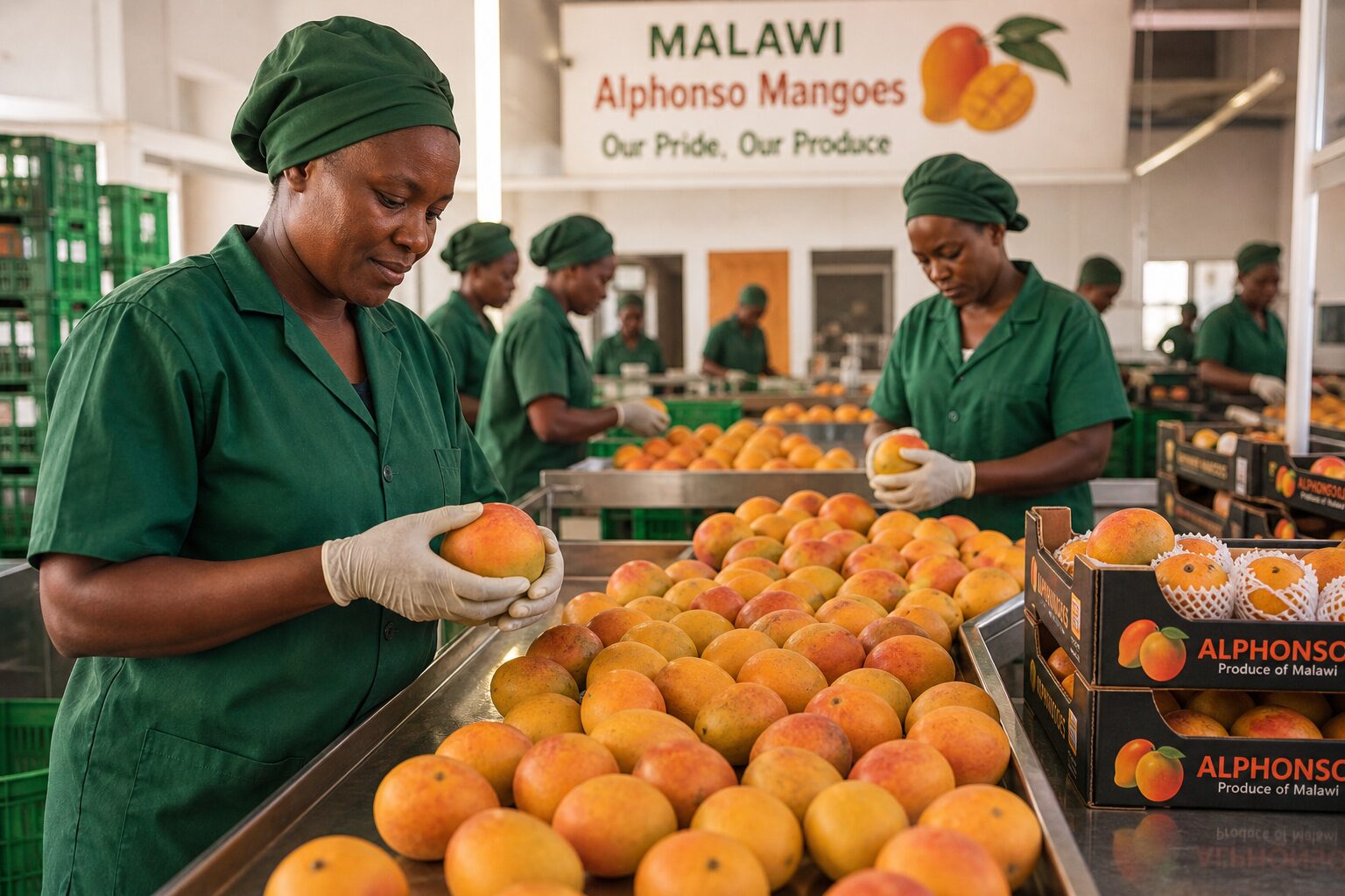 Workers grading and packing ripe mangoes for export