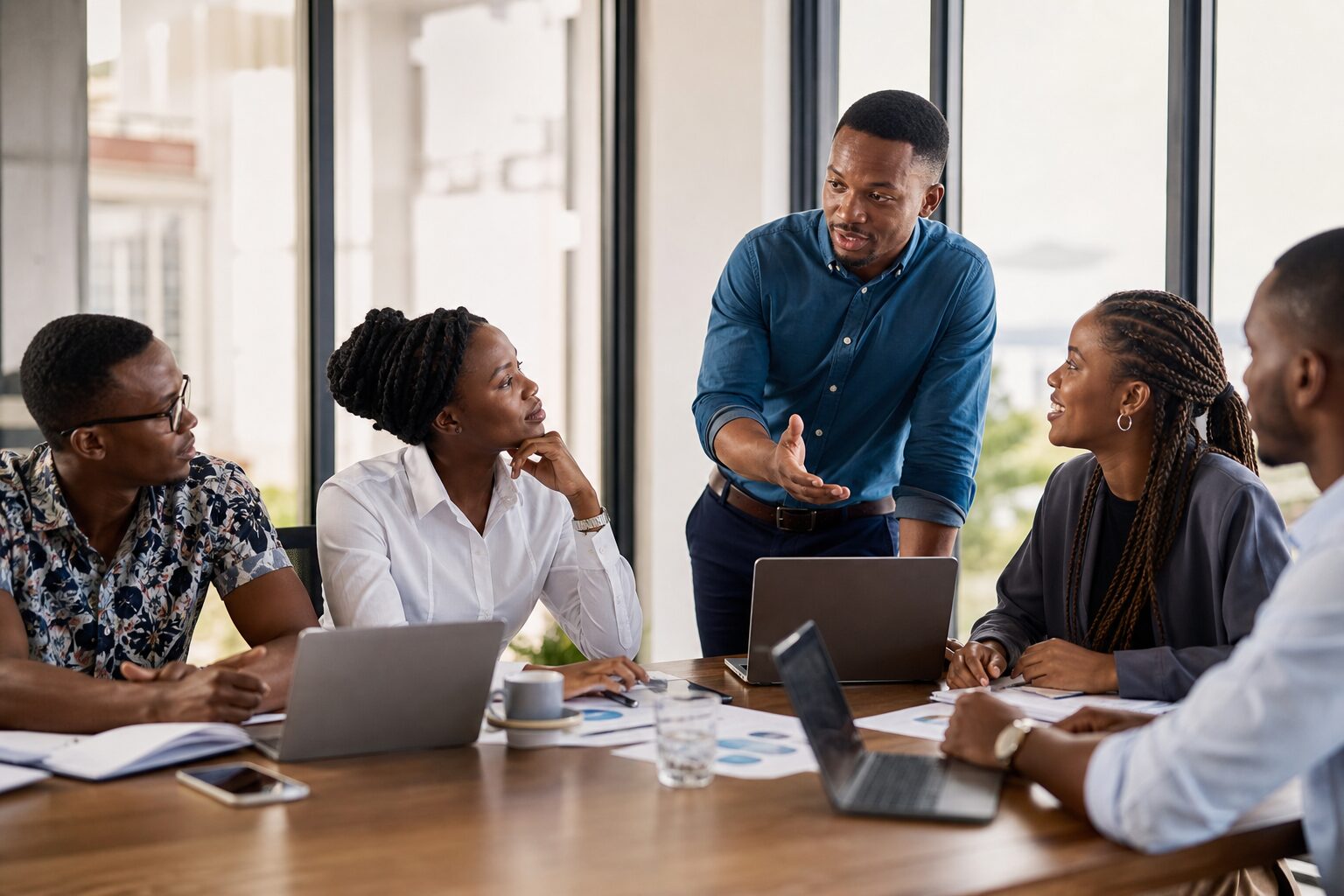 A team collaborating in a bright modern office