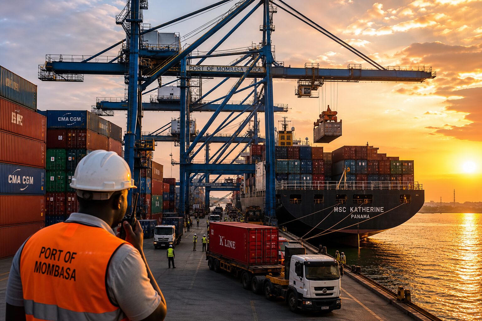 Containers being loaded at a busy export port at golden hour