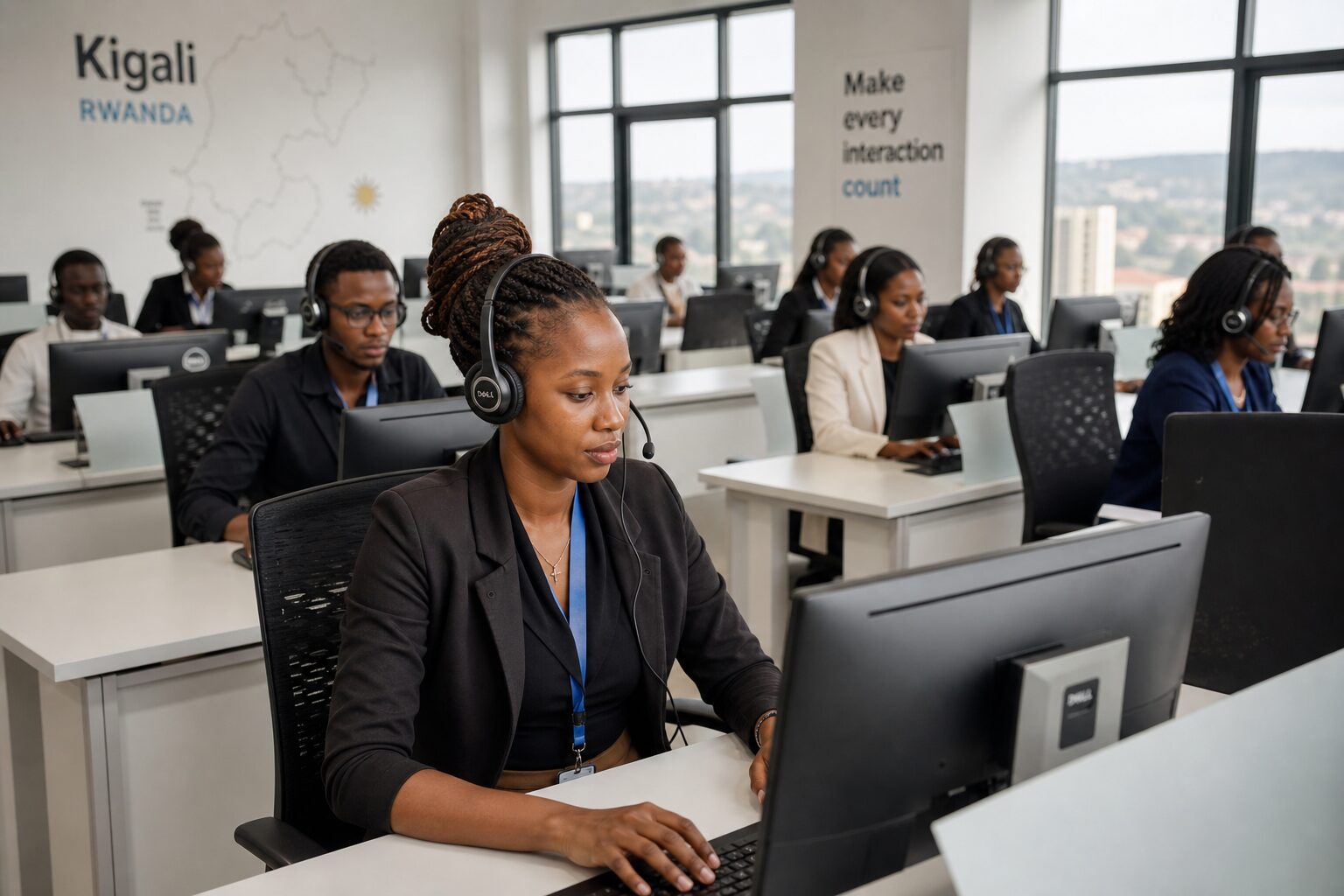 Professionals at workstations on a business-services floor in Kigali, Rwanda