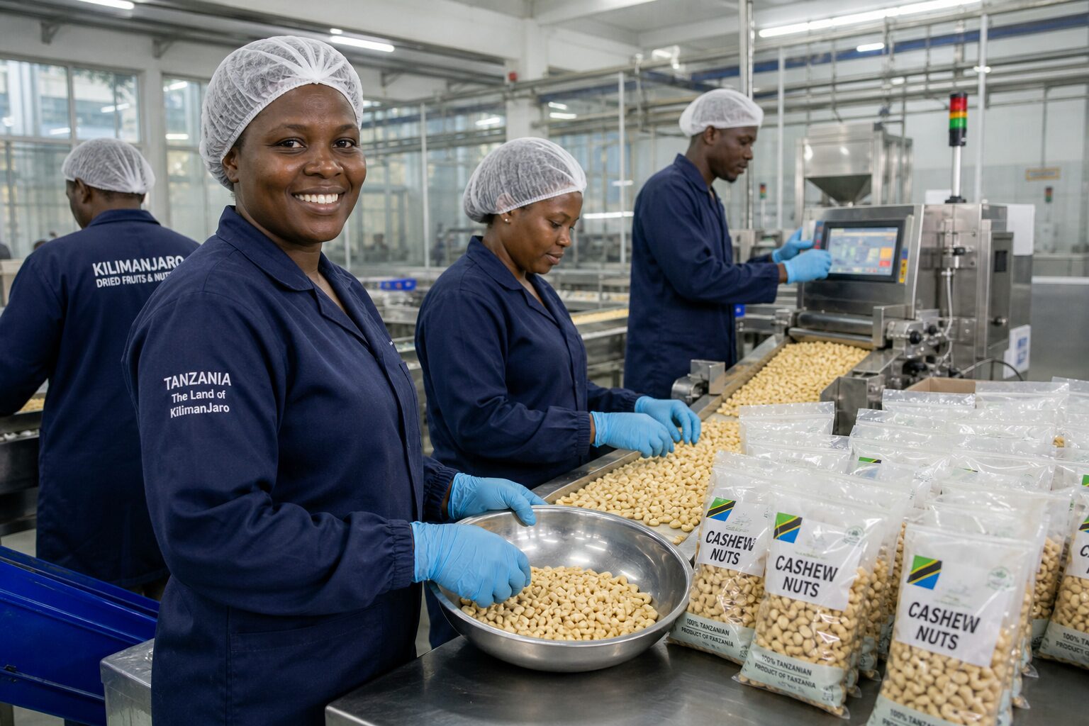 Workers on an agro-processing and packing line
